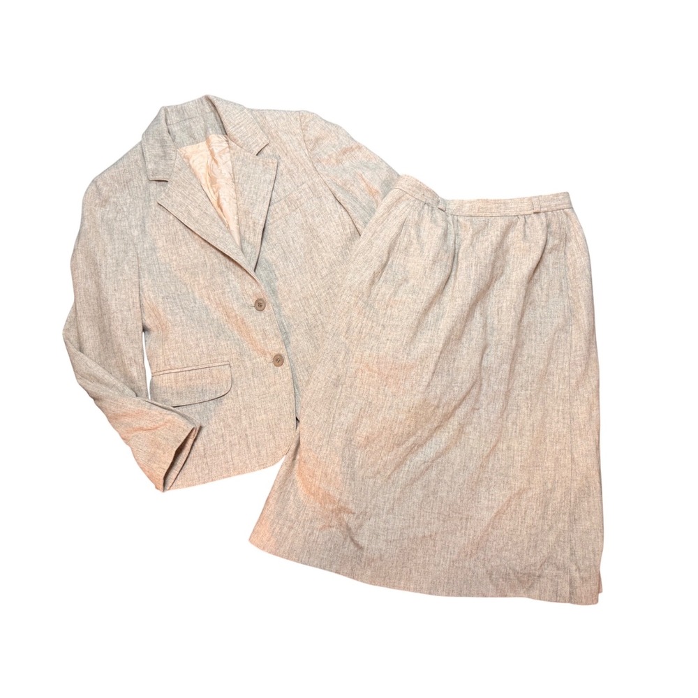 Suits Galore Vintage Wool Blend Skirt Suit Set Oatmeal Blazer Midi Skirt Size 10